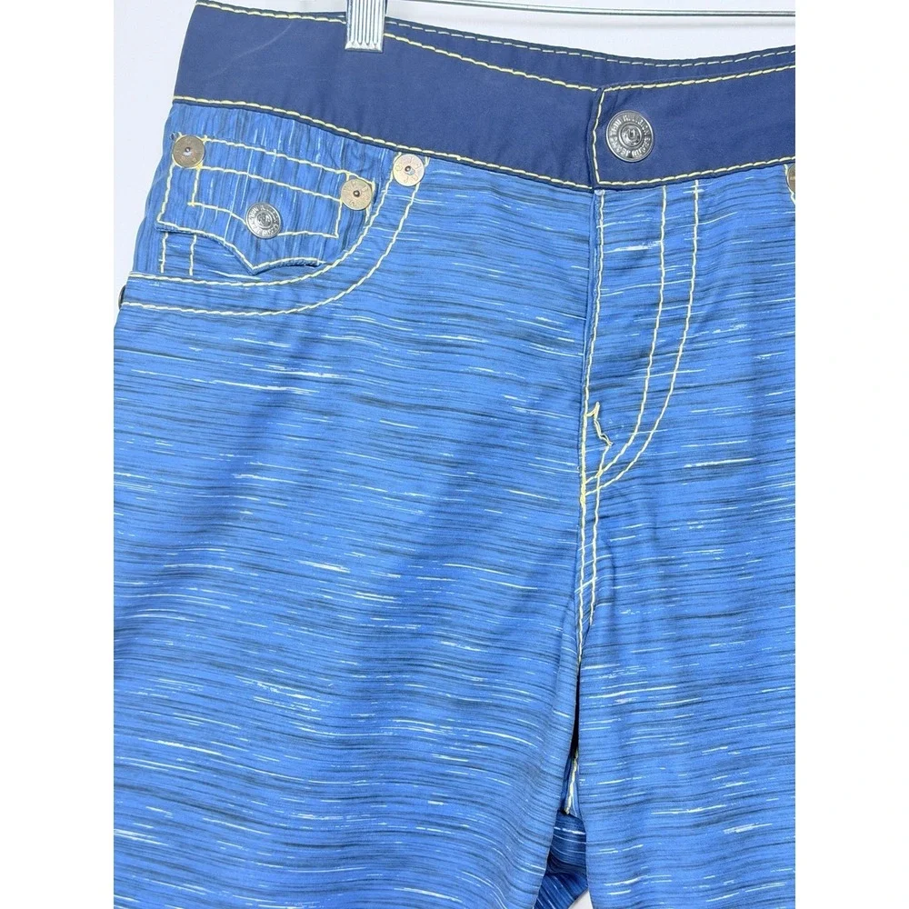True Religion Blue Yellow Stitch Horseshoe Flap Pocket Board Swim Shorts 32